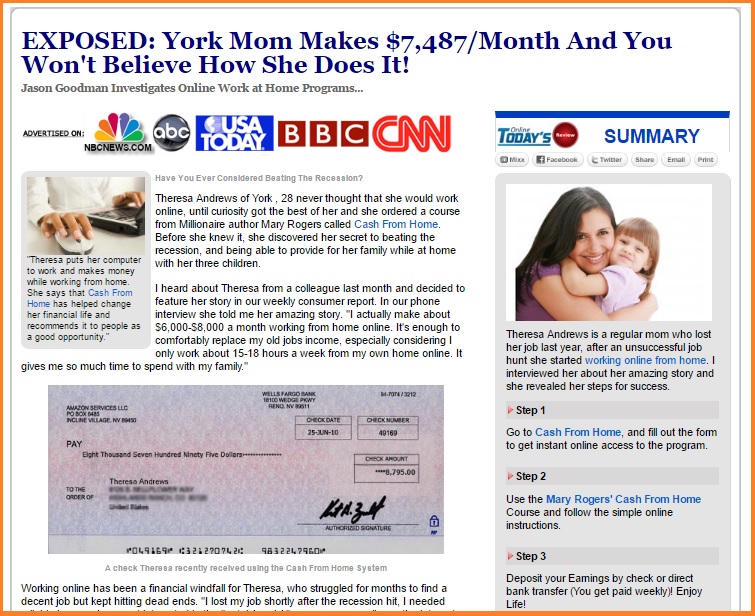 Mary Rogers Cash From Home. A fake news website takes you to another scam website!