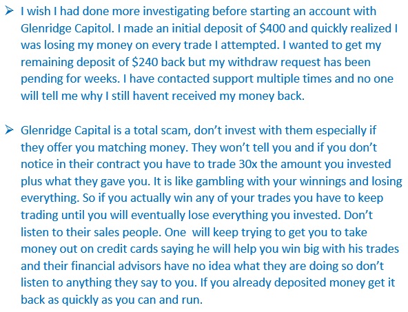 More testimonials stating that Glenridge Capital is a scam broker. 